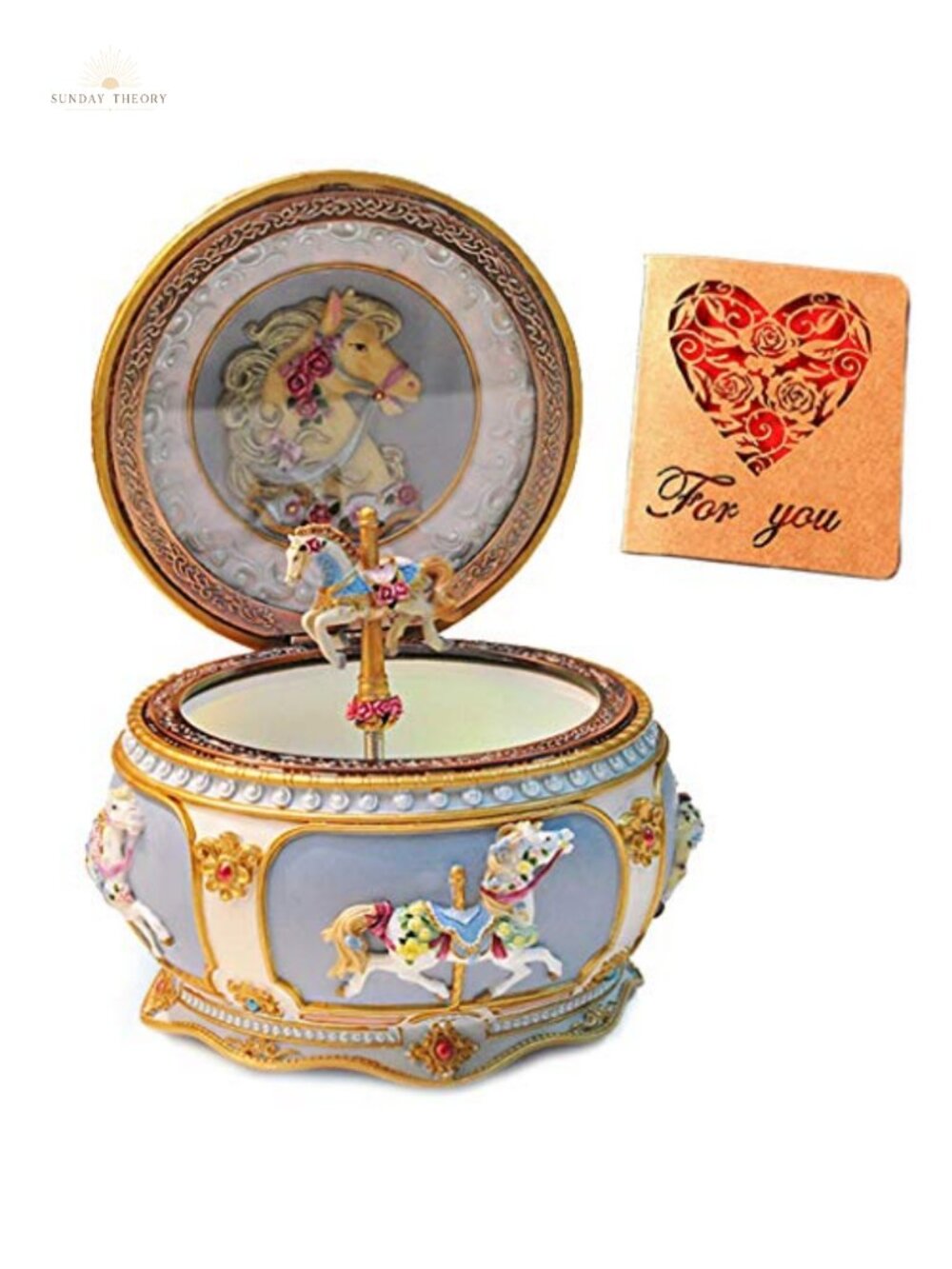 Carousel Horse Music Box with LED Lights, Sankyo 18-Note, Resin, Rotating